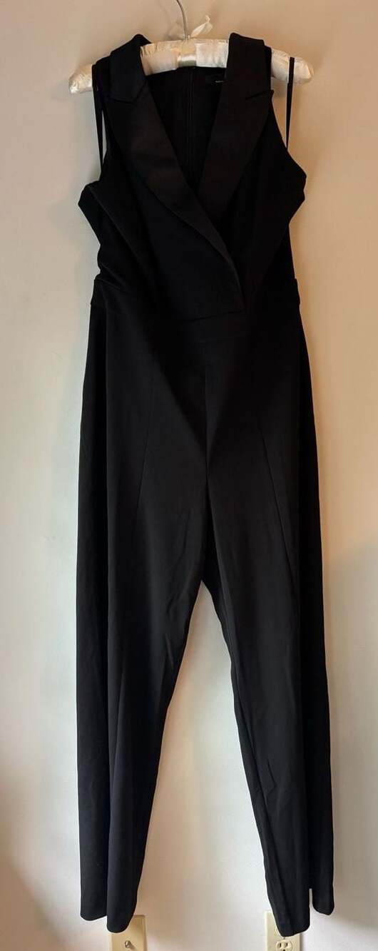 White House Black Market Black Sleeveless Tuxedo Jumpsuit Wide Leg Size 12